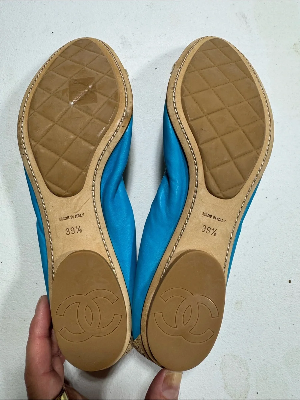 CHANEL Turquoise Ballet Flats with Raffia Flower